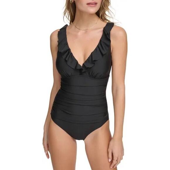 DKNY Solid Black Ruffle Plunge V-Neck One Piece Swimsuit Size 16 NWT - Picture 1 of 7